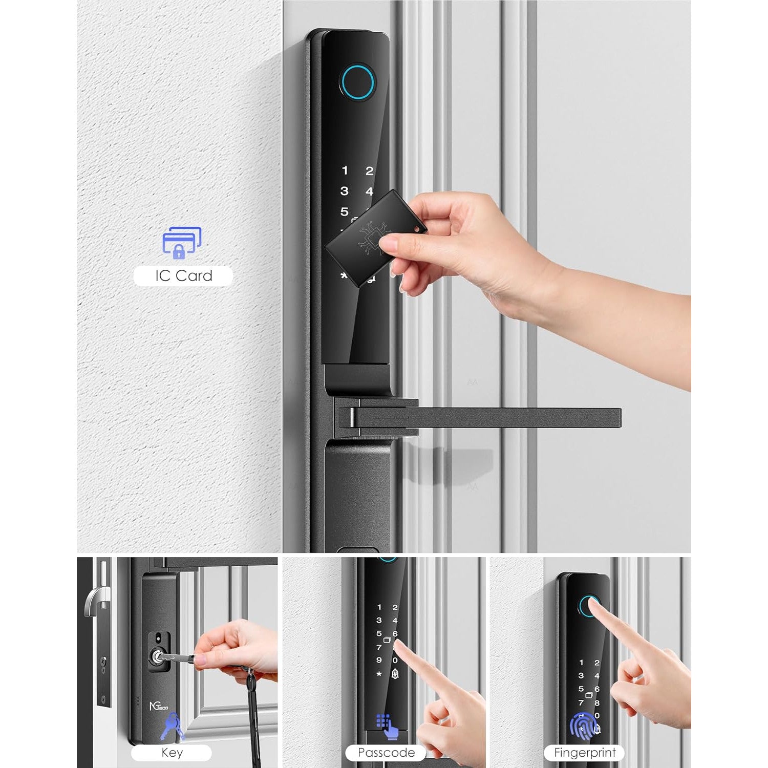 Incuietoare inteligenta, Yala WiFi smart cu aplicatie, amprenta, cod PIN, cartela de acces IC, cheie, sonerie, cod de acces temporar, neagra