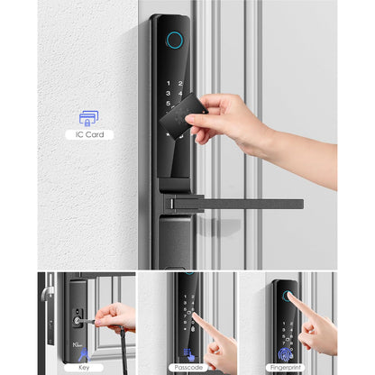 Incuietoare inteligenta, Yala WiFi smart cu aplicatie, amprenta, cod PIN, cartela de acces IC, cheie, sonerie, cod de acces temporar, neagra
