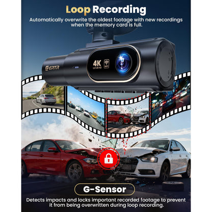 Camera auto DVR 4K cu 3 canale, fata 4K Ultra HD + interior, spate 1080P Full HD, Wi-Fi 5GHz, aplicatie mobila, viziune nocturna WDR avansata, unghi ultra-larg 170°, senzor G, inregistrare Loop, camera marsarier inclusa, card MicroSD 64GB