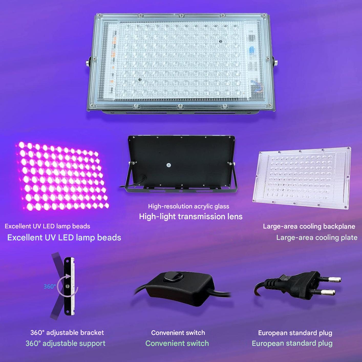 Proiector UV LED 100W IP66 395-400nm, lumina neagra 395–400 nm, IP66 impermeabil, 96 LED, unghi 180°, carcasa aluminiu, intrerupator + cablu 1.5 m, suport reglabil 360°, pentru petreceri, bar, club, Halloween, scena