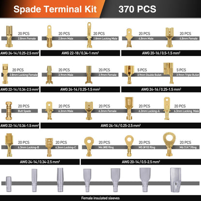 Set cleste de sertizare pini conectori cu 370 terminale conductori 0,25 - 2,5 mm², 20 de tipuri conectori spada, mama-tata cu mansoane de protectie si cleste de dezizolat