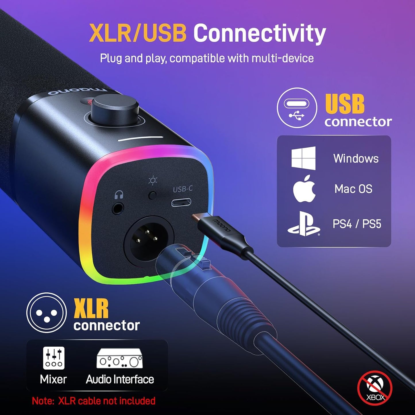 Microfon de gaming MAONO PD100X XLR/USB, dinamic cu anulare dubla a zgomotului, iluminare RGB, buton mute si software, pentru streaming, podcast, studio, compatibil PC, PS4/PS5, Mac, negru