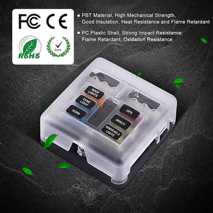 Set panou sigurante auto cu 6 iesiri, 12 V, cu sigurante 5A 10A 15A 20A cu indicator LED si capac de protectie, pentru masina, rulota, barca, autoutilitara, camion