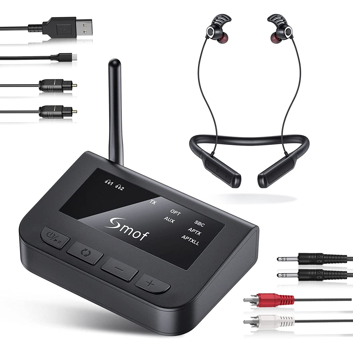 Set transmitator Bluetooth 5.0 si casti wireless pentru TV, control indepentent al volumului, fara audio delay, conectare prin RCA, optic, plug & play
