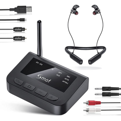 Set transmitator Bluetooth 5.0 si casti wireless pentru TV, control indepentent al volumului, fara audio delay, conectare prin RCA, optic, plug & play