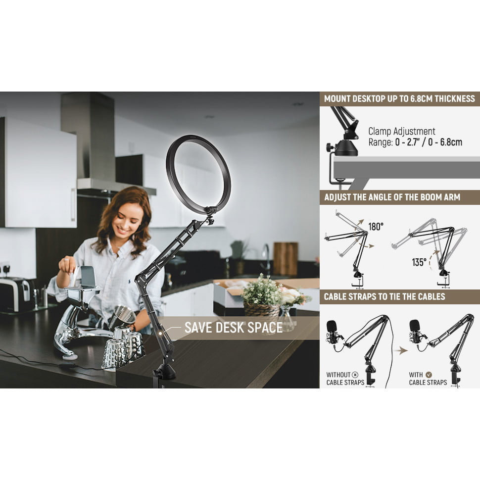 Ring Light LED cu trepied si brat cu menghina,Lampa circulara cu suport smartphone, telecomanda, montura cap tip bila, adaptor de la 5/8" la 3/8" si adaptor de la 1/4" la 5/8", pentru machiaj, vlog, streaming, inregistrare video