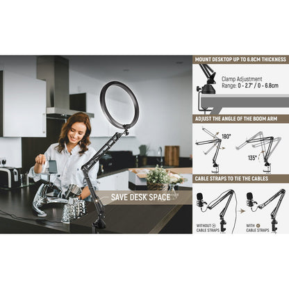Ring Light LED cu trepied si brat cu menghina,Lampa circulara cu suport smartphone, telecomanda, montura cap tip bila, adaptor de la 5/8" la 3/8" si adaptor de la 1/4" la 5/8", pentru machiaj, vlog, streaming, inregistrare video