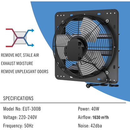 Ventilator industrial axial Aygrochy 300 mm, motor EC 40W, debit aer 1630 m³/h, cu reglaj al vitezei in 9 trepte, montaj perete/fereastra, pentru garaj, pod si bucatarie, zgomot redus 42 dB, clasa energetica A