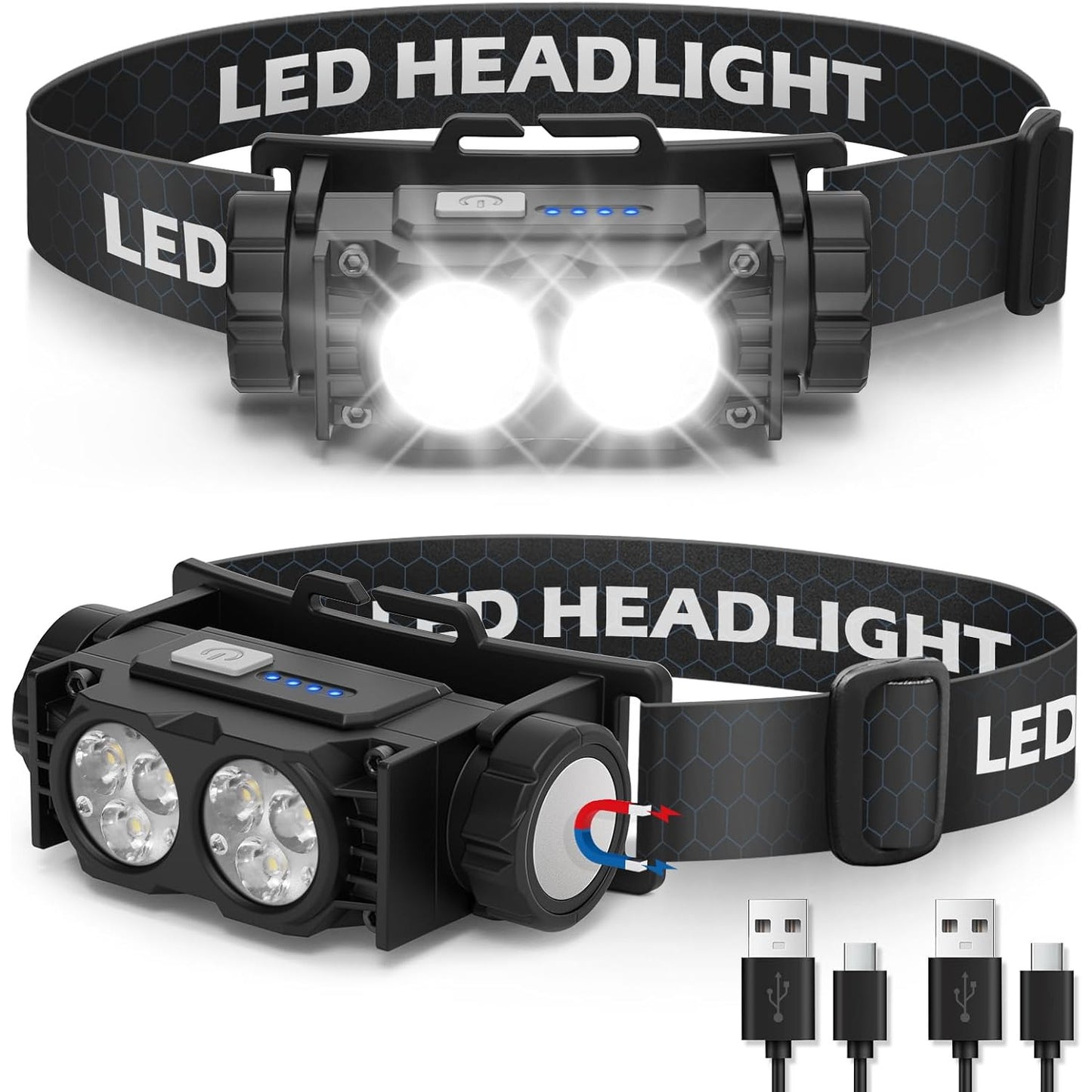 Set 2 lanterne frontale LED reincarcabile 2000 lumeni, 3 moduri iluminare, corp magnetic detasabil, IPX5 impermeabile, incarcare rapida USB-C, usoare si confortabile, pentru camping, pescuit, jogging si activitati outdoor, negru, clasa energetica A+++