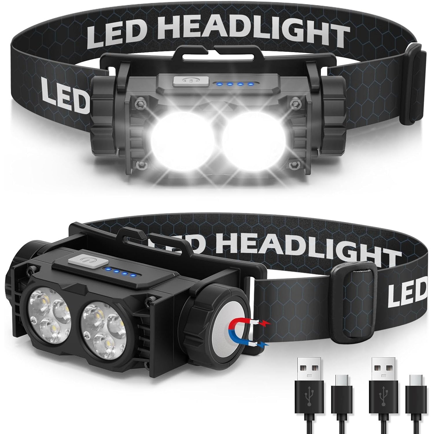 Set 2 lanterne frontale LED reincarcabile 2000 lumeni, 3 moduri iluminare, corp magnetic detasabil, IPX5 impermeabile, incarcare rapida USB-C, usoare si confortabile, pentru camping, pescuit, jogging si activitati outdoor, negru, clasa energetica A+++