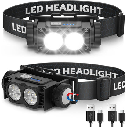 Set 2 lanterne frontale LED reincarcabile 2000 lumeni, 3 moduri iluminare, corp magnetic detasabil, IPX5 impermeabile, incarcare rapida USB-C, usoare si confortabile, pentru camping, pescuit, jogging si activitati outdoor, negru, clasa energetica A+++