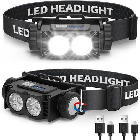 Set 2 lanterne frontale LED reincarcabile 2000 lumeni, 3 moduri iluminare, corp magnetic detasabil, IPX5 impermeabile, incarcare rapida USB-C, usoare si confortabile, pentru camping, pescuit, jogging si activitati outdoor, negru, clasa energetica A+++