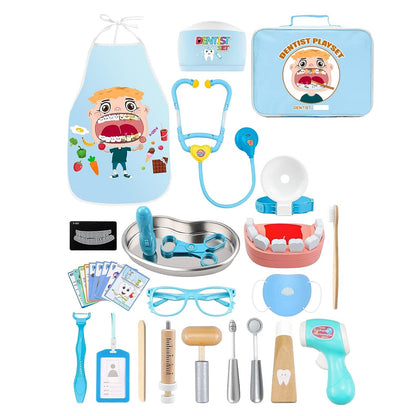 Trusa medicala de jucarie, set dentist cu geanta, termometru, stetoscop, ochelari, sort, model cu dinti, reflector, lanterna, masca, jucarie de rol, pentru copii peste 3 ani