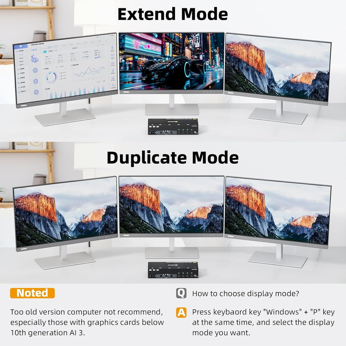 Comutator KVM Triple Monitor KCEVE pentru 4 PC-uri si 3 monitoare, 2x DisplayPort + HDMI, rezolutie pana la 8K 30Hz / 4K 144Hz, transfer date USB 3.0 5Gbps, 4 porturi USB pentru tastatura, mouse, imprimanta si stick USB, comutare prin buton, Plug & Play