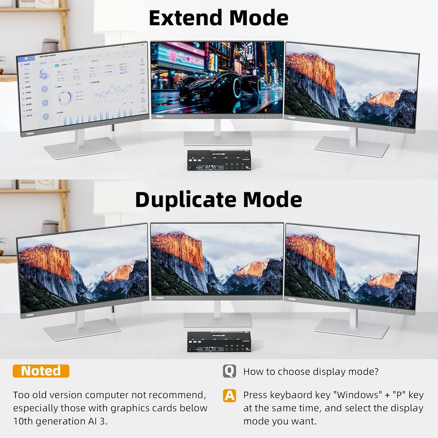 Comutator KVM Triple Monitor KCEVE pentru 4 PC-uri si 3 monitoare, 2x DisplayPort + HDMI, rezolutie pana la 8K 30Hz / 4K 144Hz, transfer date USB 3.0 5Gbps, 4 porturi USB pentru tastatura, mouse, imprimanta si stick USB, comutare prin buton, Plug & Play