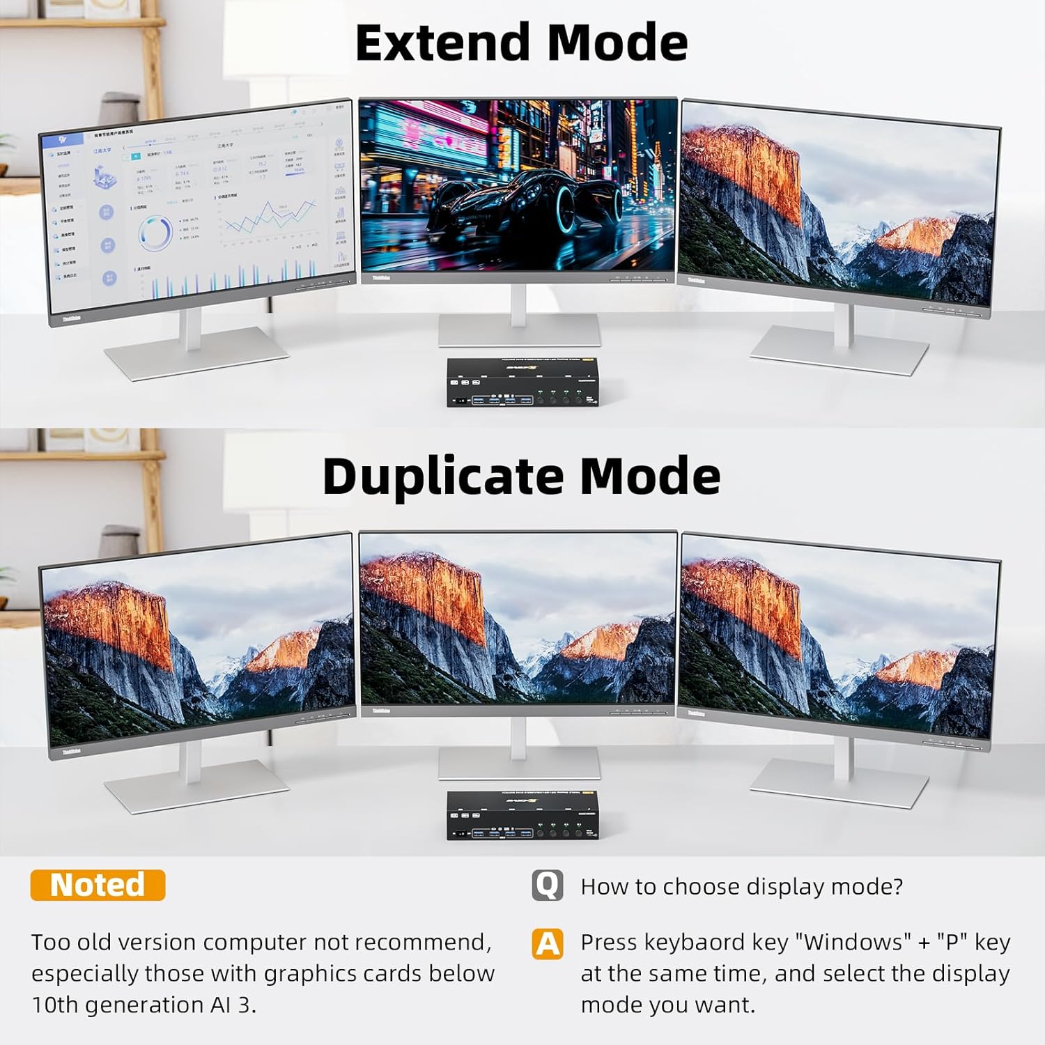 Comutator KVM Triple Monitor KCEVE pentru 4 PC-uri si 3 monitoare, 2x DisplayPort + HDMI, rezolutie pana la 8K 30Hz / 4K 144Hz, transfer date USB 3.0 5Gbps, 4 porturi USB pentru tastatura, mouse, imprimanta si stick USB, comutare prin buton, Plug & Play
