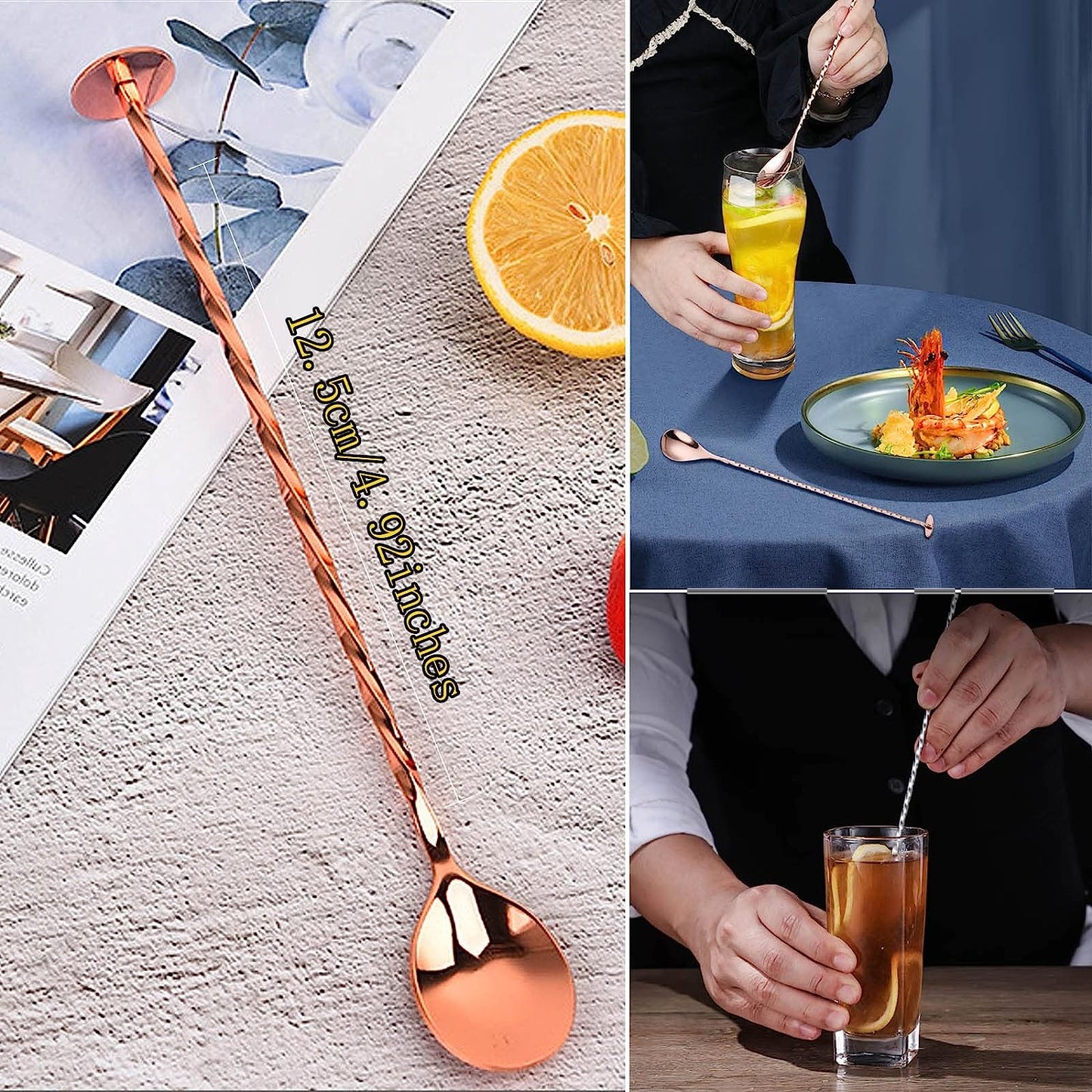 Set de 4 cani Moscow Mule, cesti 550 ml cu farfuriute, pai, jigger, lingurita, perie de curatare pai, tirbuson, rose gold