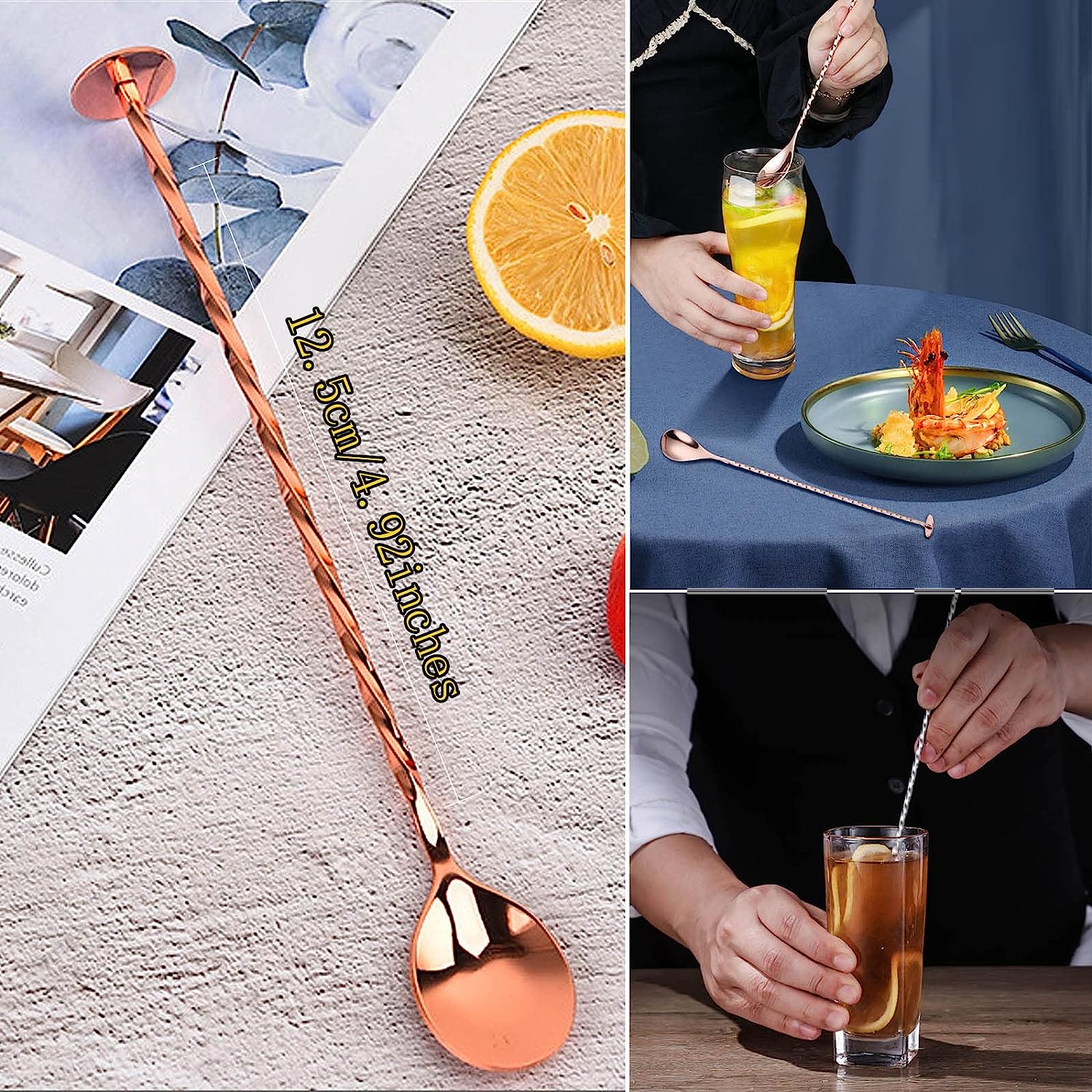 Set de 4 cani Moscow Mule, cesti 550 ml cu farfuriute, pai, jigger, lingurita, perie de curatare pai, tirbuson, rose gold