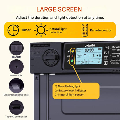 Usa automata inteligenta pentru cotet gaini Okkobi PRO, alimentare solara + USB-C, telecomanda, senzor lumina si timer, ecran LCD, sistem anti-prindere, constructie rezistenta all-weather, 38x28 cm, negru