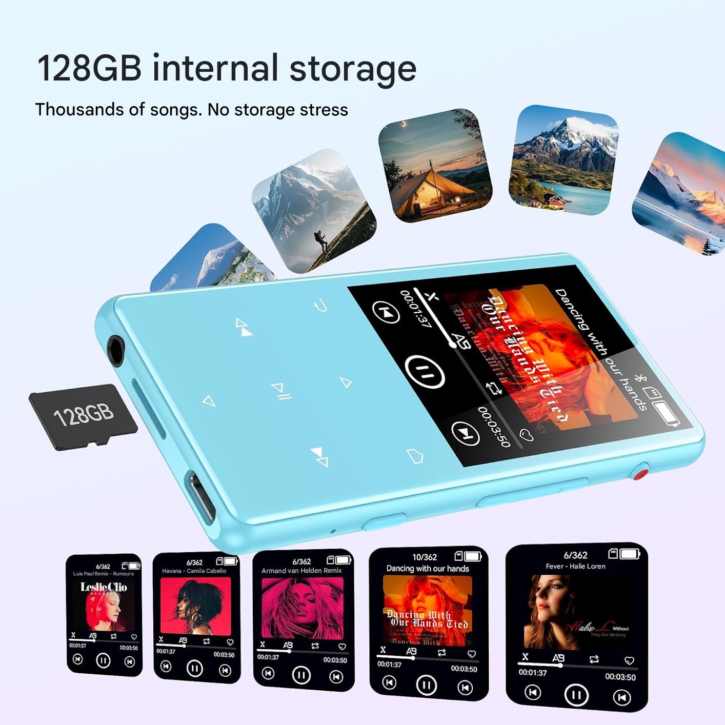 MP3 Player 128 GB AGPTEK cu Bluetooth 5.4, ecran 2, 4 inch, inregistrare cu un singur clic, difuzor HD incorporat, radio FM, carcasa metalica, butoane tactile, portabil, casti incluse, albastru
