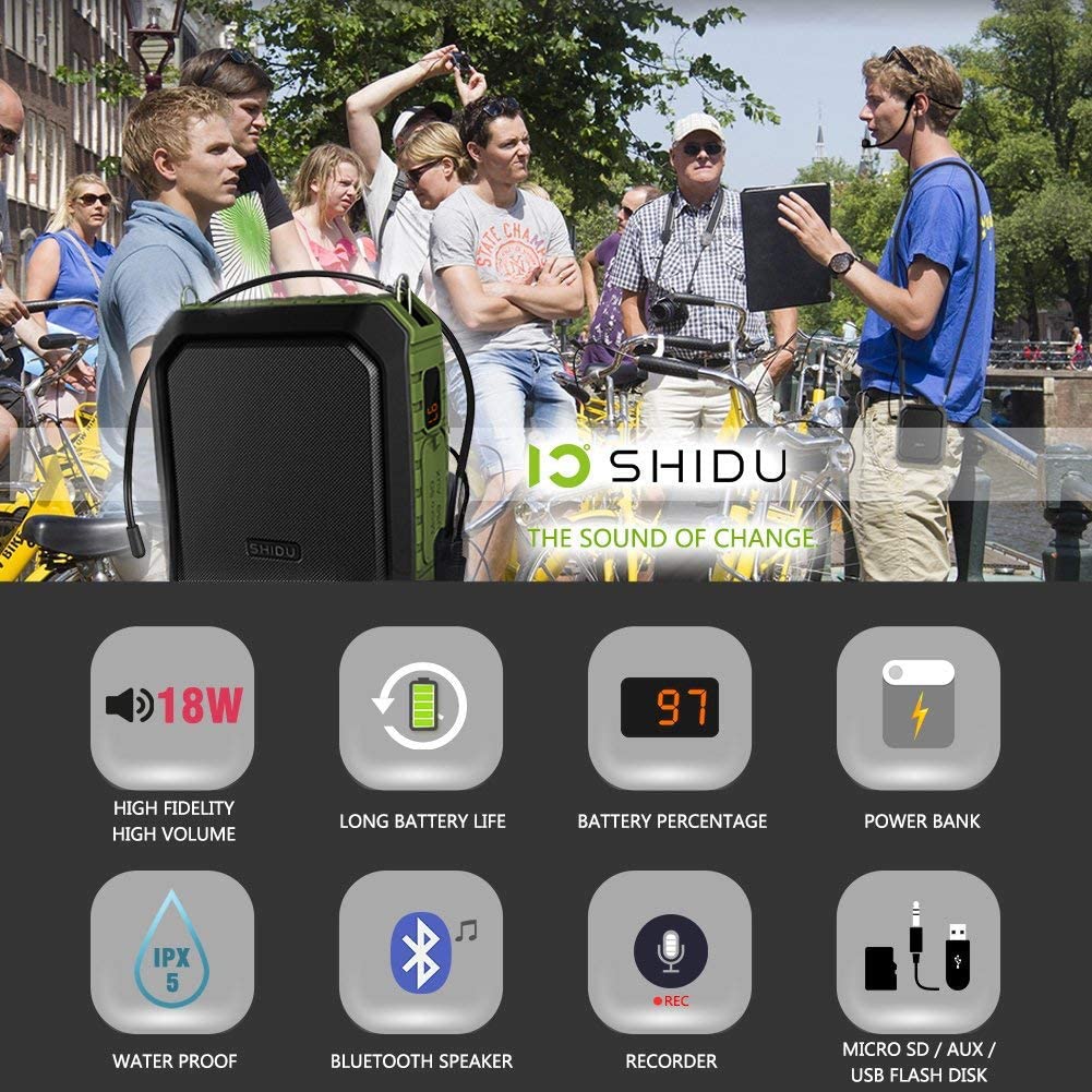 Megafon portavoce Bluetooth portabil, cu microfon headset, 18W, baterie 4400 mAh cu functie powerbank, slot card, impermeabil IPX5, pentru profesori, gid turistic, antrenor