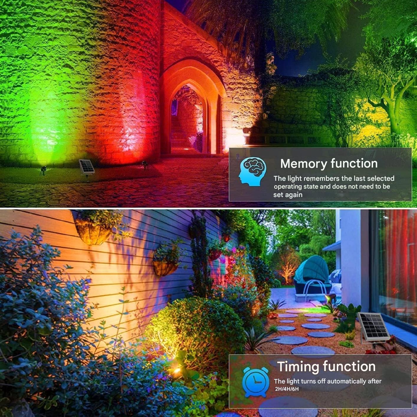 Set 6 lampi gradina cu panou solar, proiector cu LED RGB si telecomanda, acumulator 6000 mAh, impermeabila IP66, 12 moduri iluminare in 10 culori diferite, cu tarus si cablu de 20 metri lungime