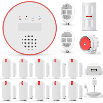 Sistem de alarma WiFi smart, pentru usi si ferestre, cu 10 senzori, magnetici, senzor de miscare, 2 telecomenzi, sirena 120 dB si unitate centrala cu afisaj si iluminata