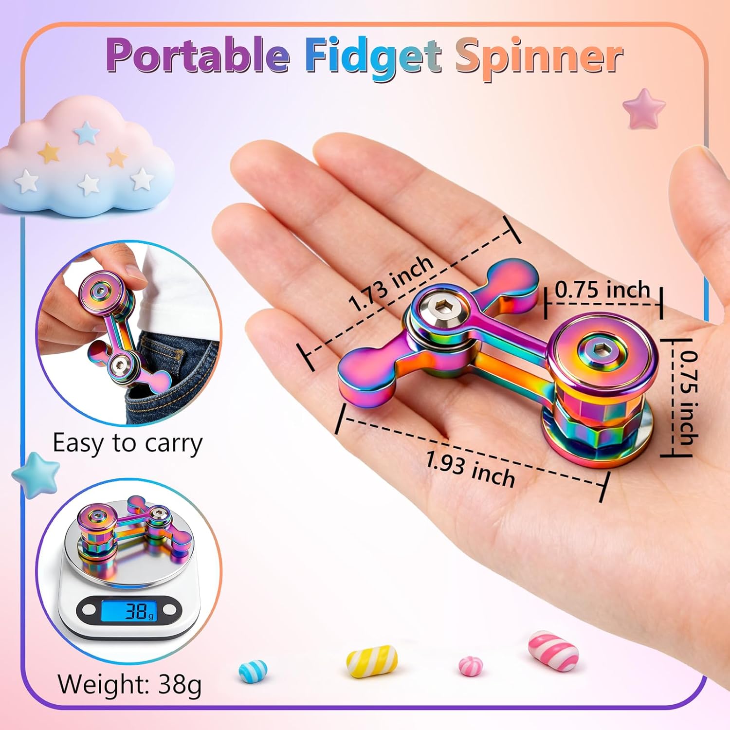 Fidget spinner Coolden, jucarie antistres pentru adulti si copii, metalic, rotire silentioasa EDC, relaxare, ADHD, anxietate, stres, multicolor