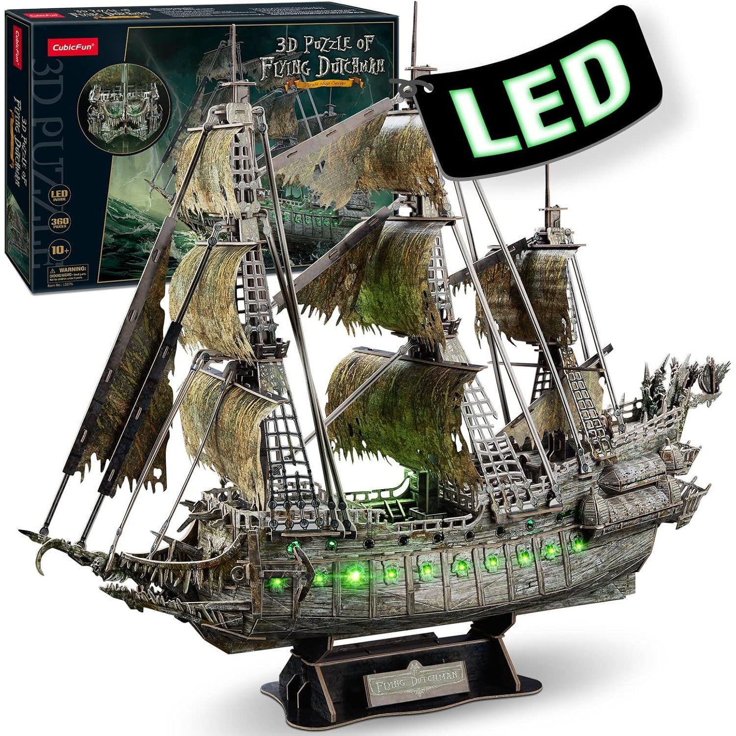 Puzzle 3D LED corabia fantoma Olandezul Zburator, 360 piese, model de colectie cu iluminare LED, dimensiuni 67 x 26, 6 x 63, 5 cm, montaj fara lipici si unelte, constructie EPS, cadou pentru adulti, adolescenti si colectionari, 14+ ani