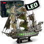 Puzzle 3D LED corabia fantoma Olandezul Zburator, 360 piese, model de colectie cu iluminare LED, dimensiuni 67 x 26, 6 x 63, 5 cm, montaj fara lipici si unelte, constructie EPS, cadou pentru adulti, adolescenti si colectionari, 14+ ani