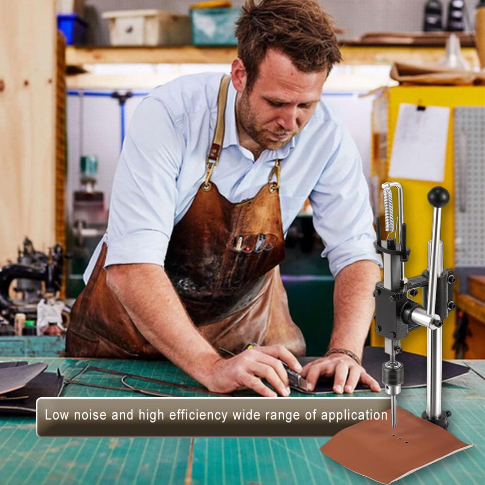 Presa pentru perforat pielea profesionala, masina de stantat si embosare piele cu dalti perforatoare, mandrina si accesorii, ergonomic, din metal