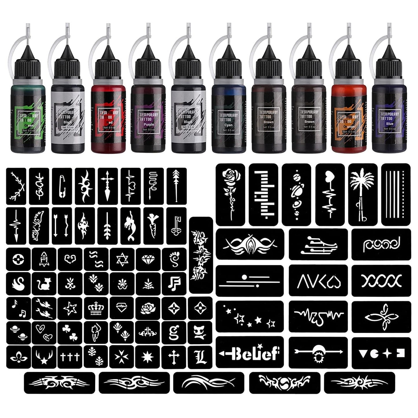 Kit de tatuaje temporare cu 10 sticle de cerneala diferite de 15 ml si 84 sabloane diferite, rezistente la apa, usor de utilizat