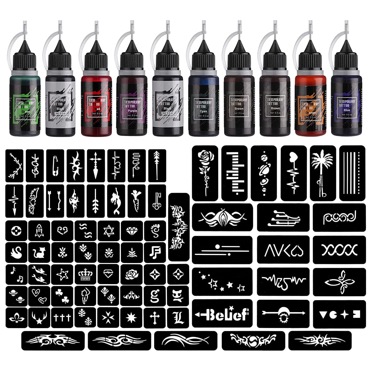 Kit de tatuaje temporare cu 10 sticle de cerneala diferite de 15 ml si 84 sabloane diferite, rezistente la apa, usor de utilizat