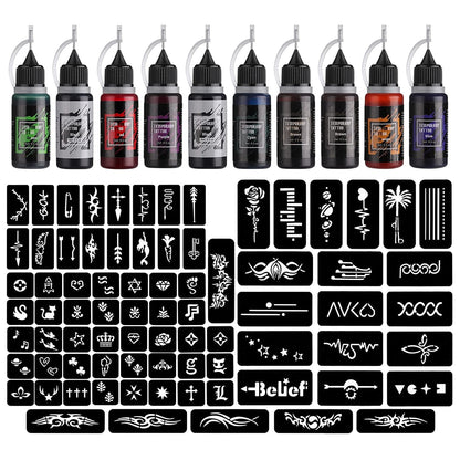 Kit de tatuaje temporare cu 10 sticle de cerneala diferite de 15 ml si 84 sabloane diferite, rezistente la apa, usor de utilizat