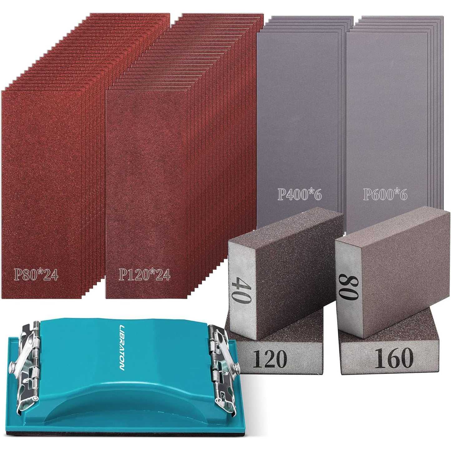 Set smirghel 65 Bucati, K80-K120-K400-K600, pre-taiat 23x9 cm, 4 bureti de slefuit, hartie abrasiva premium din carbura de siliciu pentru lemn si metal, slefuitor manual, pentru slefuire mobilier, vopsire, finisare si proiecte DIY – Uscat si umed