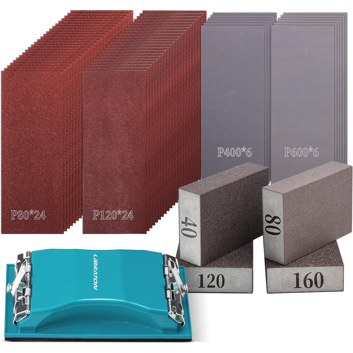 Set smirghel 65 Bucati, K80-K120-K400-K600, pre-taiat 23x9 cm, 4 bureti de slefuit, hartie abrasiva premium din carbura de siliciu pentru lemn si metal, slefuitor manual, pentru slefuire mobilier, vopsire, finisare si proiecte DIY – Uscat si umed