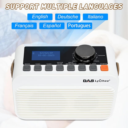 Radio portabil DAB/DAB+ & FM, Bluetooth 5.0, baterie reincarcabila 4000 mAh, afisaj LED, redare USB & card TF, Jack casti 3.5 mm, functie alarma, design compact cu curea, alb-crem
