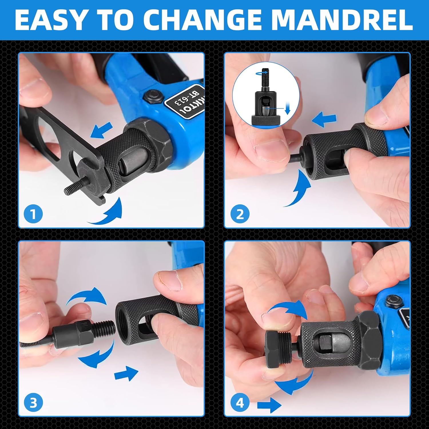 Cleste pentru piulite nituitoare AKKTOL, set complet pentru nituri filetate, 4 dornuri M3/M4/M5/M6 si 100 piulite incluse, cleste din otel aliat cu maner ergonomic antialunecare, geanta transport, pentru metal, tabla, mobilier si bricolaj