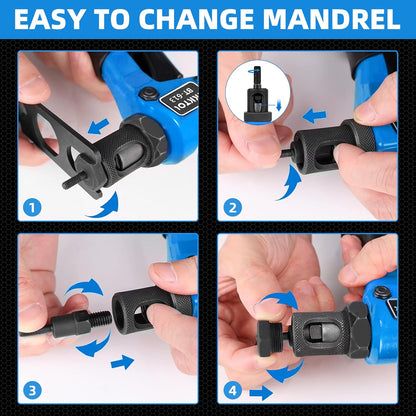Cleste pentru piulite nituitoare AKKTOL, set complet pentru nituri filetate, 4 dornuri M3/M4/M5/M6 si 100 piulite incluse, cleste din otel aliat cu maner ergonomic antialunecare, geanta transport, pentru metal, tabla, mobilier si bricolaj