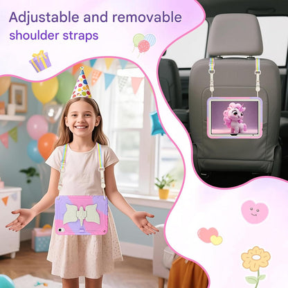 Husa pentru iPad (A16) a 11-a generatie de 11 inch 2025, iPad a 10-a generatie de 10,9 inch 2022 pentru copii, cu protectie pentru ecran, curea de umar, suport unicorn pentru creio - roz