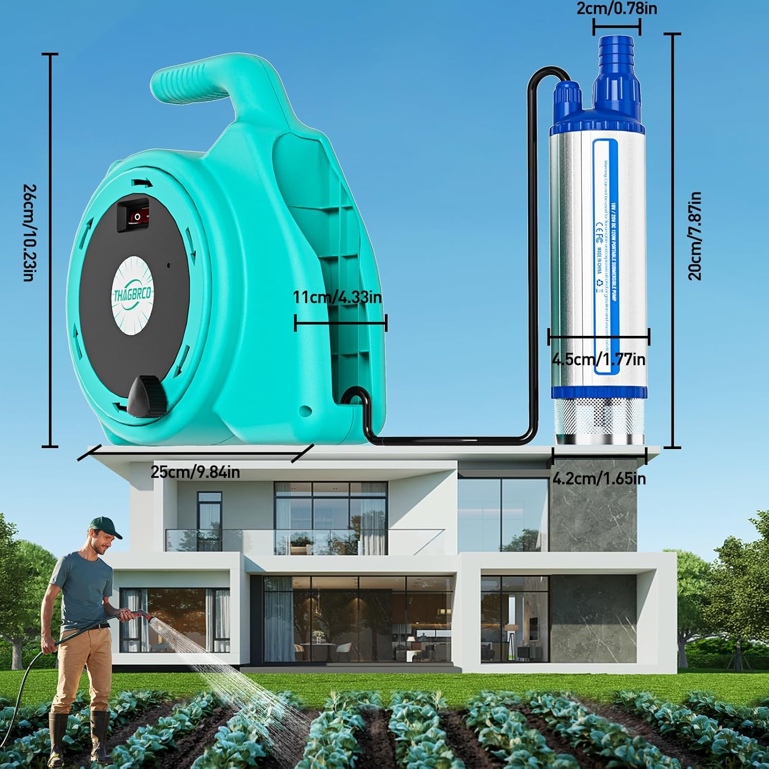 Pompa submersibila transfer lichide compatibila acumulator Makita 18V, 400 litri/ora, cu cablu de 4.8 m, impermeabila IPX8, adaptor 1, 1/2, 3/4 inch, multifunctionala