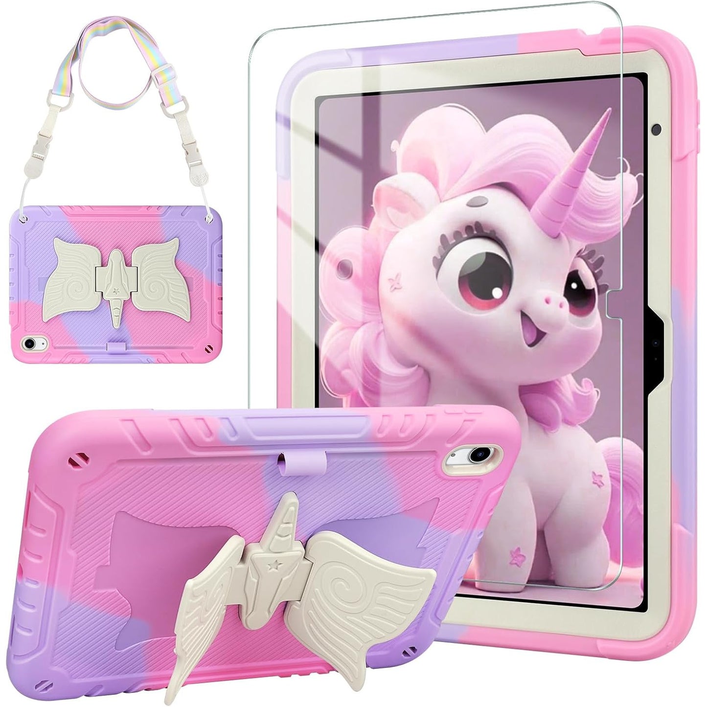 Husa pentru iPad (A16) a 11-a generatie de 11 inch 2025, iPad a 10-a generatie de 10,9 inch 2022 pentru copii, cu protectie pentru ecran, curea de umar, suport unicorn pentru creio - roz