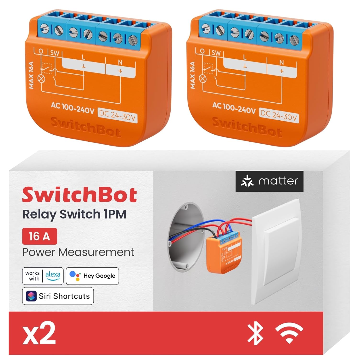 Set 2 releu smart, Bluetooth & WiFi 2.4GHz, 16A, compatibil cu Alexa/Apple Home/Google Home, control prin aplicatie, AC 100-240V, DC 24-30V