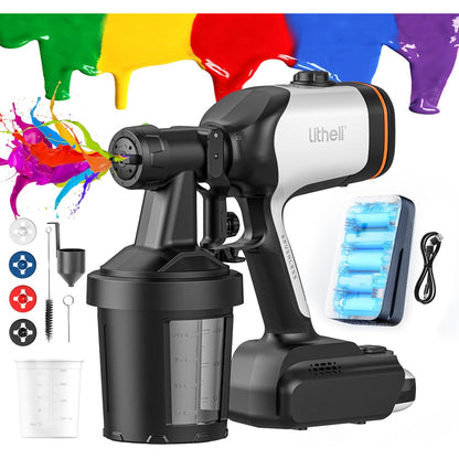Pistol electric de vopsit Litheli HVLP cu baterie 4Ah, motor fara perii, 3 moduri pulverizare, 4 duze, 2 rezervoare 800 ml, debit reglabil, incarcare USB-C, pentru pereti, mobilier si renovari interioare/exterioare