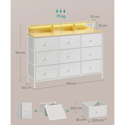 Comoda SONGMICS cu 9 sertare, iluminare LED reglabila tactil, priza si porturi USB integrate, cadru metalic din otel, 114 x 33,5 x 84 cm, alb, dulap depozitare modern pentru dormitor, living sau hol