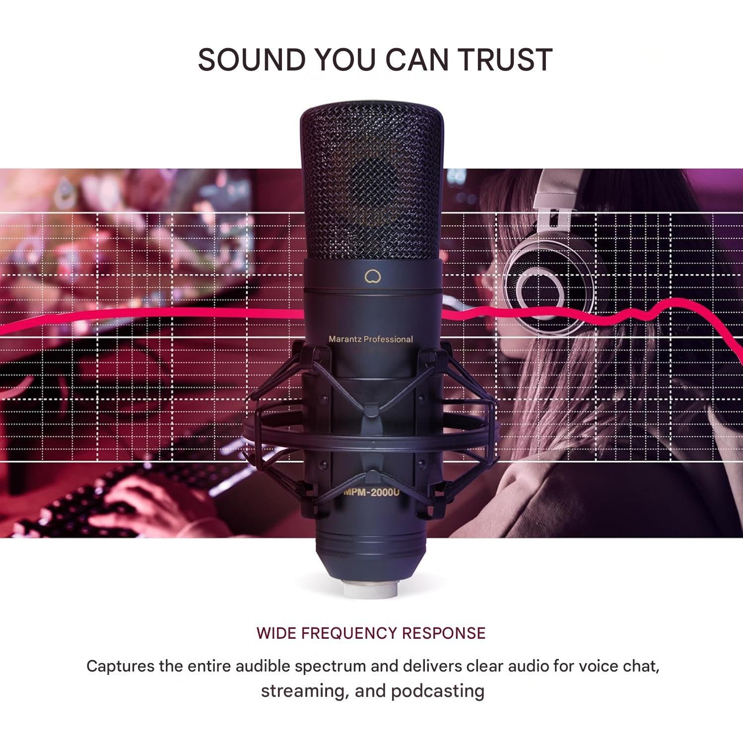 Microfon USB Marantz Professional MPM-2000U cu diafragma mare, calitate audio de studio, ideal pentru inregistrari profesionale, podcasturi, Streaming Twitch, YouTube, voce si instrumente acustice, include suport antisoc, cablu USB si geanta de transport