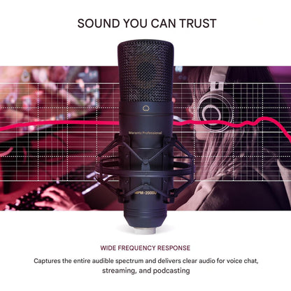 Microfon USB Marantz Professional MPM-2000U cu diafragma mare, calitate audio de studio, ideal pentru inregistrari profesionale, podcasturi, Streaming Twitch, YouTube, voce si instrumente acustice, include suport antisoc, cablu USB si geanta de transport