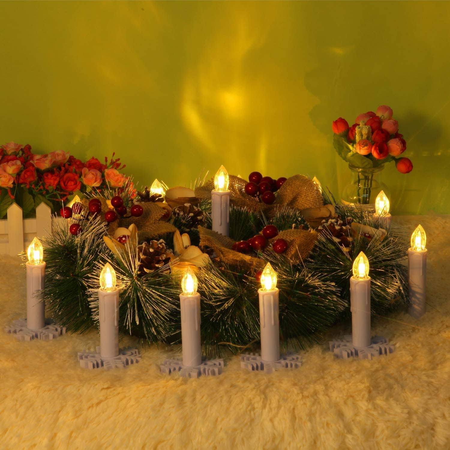 Set 10 Lumanari LED cu telecomanda, impermeabile IP64, dimabile cu 5 niveluri luminozitate, 3 moduri iluminare, cu prindere tip clema, tarus, ventuza sau suport, pentru Halloween, Craciun, nunta, petrecere, decoratiuni de gradina