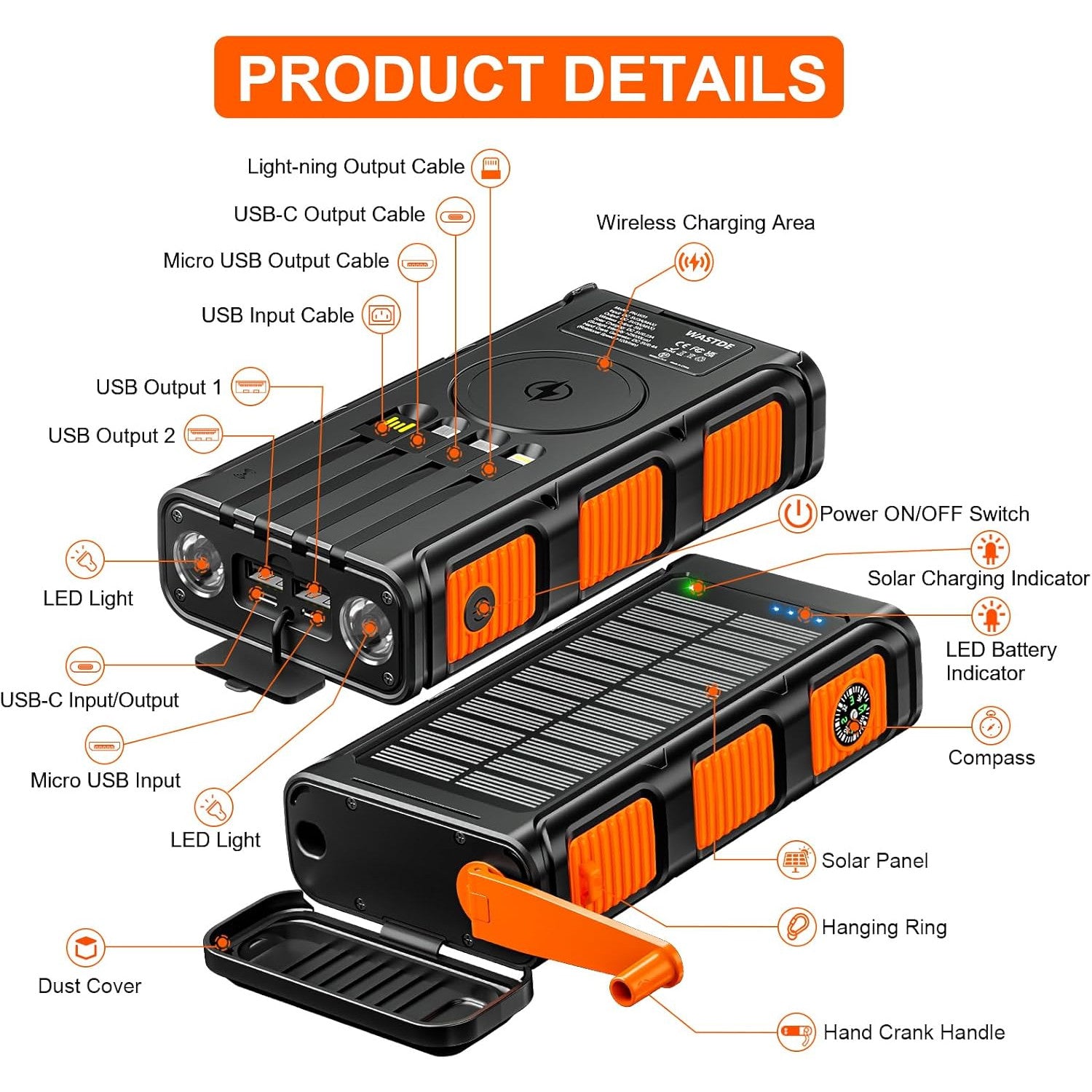 Baterie externa wireless solara, 26800 mAh, Power Bank cu incarcare wireless QI, cu manivela si 4 cabluri, lanterna 3 moduri LED, busola incorporata, carabina, baterie externa pentru camping si drumetii