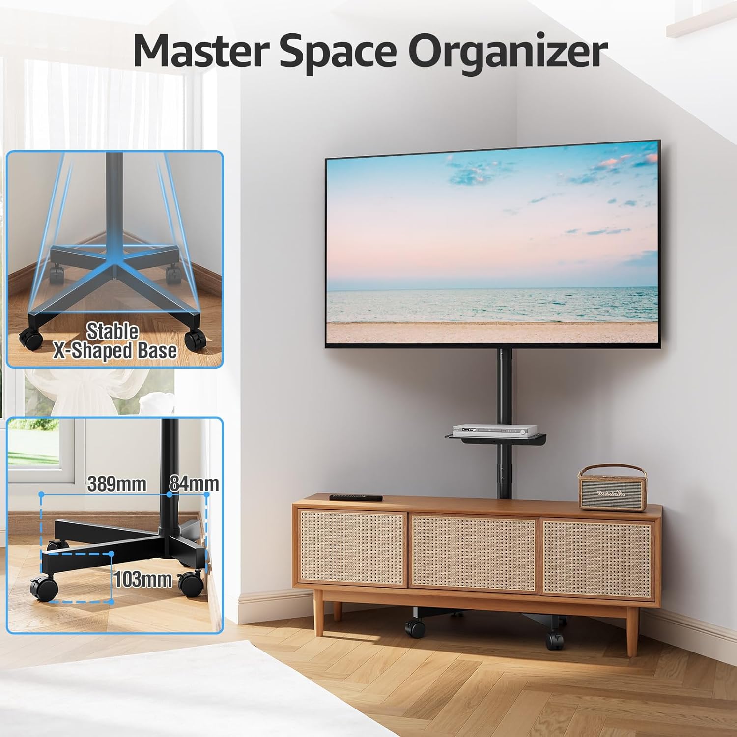Suport TV stand cu roti, pentru televizoare de 23-60 inch, suporta pana la 35 kg, reglabil pe inaltime, VESA maxim 400x400 mm, negru